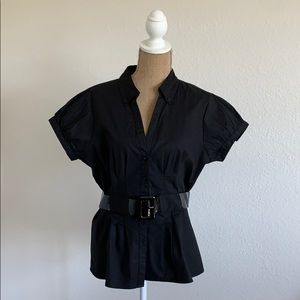 Black button up blouse with black belt
